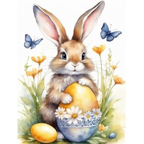 FQOVKYN 5D Easter Bunny Diamond Painting Kits for Adults, Round Full Drill Diamond Art Kits for Adults Beginners, DIY Easter Gem Painting Kits for Home Decor 12'' x 16''