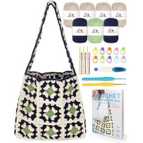 Aeelike Crochet Bag Kit for Beginners Adults, Crochet Kits Learn to Crochet Granny Square Bag Kit Crochet Starter Kit with Yarns Crochet Hooks Step-by-Step Instructions