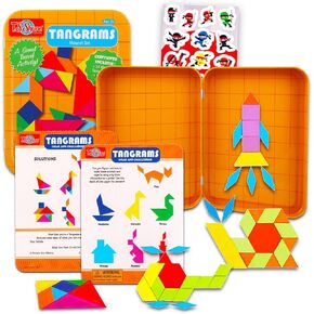 360 Combination Tangrams Travel Game with Portable Case for Kids - Bundle with Magnetic Pattern Blocks, Stickers | Montessori Open Ended Geometric Shapes Activity