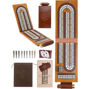 Cribbage Board Game Set,Solid Wood 3 Track Cribbage Board, 9 Metal Pegs,2 Decks of Playing Cards,Leather Travel Cribbage Board Travel Games,Portable