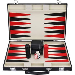 KAILE Wood Board Game, Backgammon for 2 Players, 12 Years and Up, Family Time, Travel Leatherette Carrying Case, Black and Red, 15inch, 1 Count