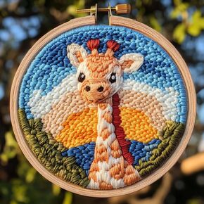 DIY Punch Needle Kits for Beginners Cartoon Giraffe Sunset with Hoop Embroidery Punch Needle Starter Craft Set Easy for Adults and Children Festival Gift and Decoration 20x20cm-1