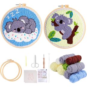 iienjoy 2 Pcs Koala Punch Needle Kit - Easy Punch Needle Embroidery Kits for Beginners Adults Kids, Cute Animals Art Work Decor Punch Stitching kit with Tools, Yarns, Hoop, Instruction