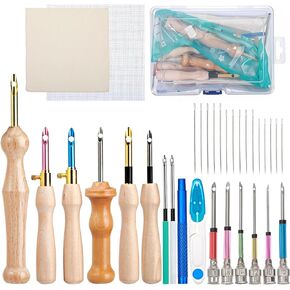 35Pcs Punch Needle Tool Embroidery Punch Needle for Beginners Include Adjustable Wooden Handle Punch Needle, Monks Cloth, Big Eye Needles for Adult Embroidery Cross Stitching DIY Craft Decoration