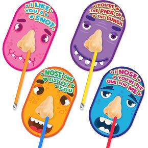 ArtCreativity Funny Nose Pencil Sharpener with Valentines Cards - Set of 28 - Classroom Novelty Gag Prize with 28 Pencils, Glue, I Pick You Nose Designs - Kids Birthday Party Favor and Art Supplies