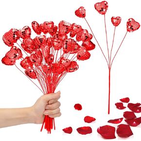 10 Pack Valentine's Day Heart Floral Picks with 40 Mirror Disco Balls 12 Red Glitter Valentines Decorations Heart Stems Decor for Flower Arrangement Table Centerpiece Bouquet Vase Filler Home