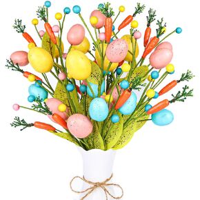Easter Decorations, 6 pcs Easter Stems with Eggs Carrots and Berries, Colorful Easter Floral Picks, Easter centerpieces for Table, Artificial Flowers Arrangement, Easter Table décor
