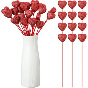 12 Pcs Glitter Foam Hearts Sticks Foam Heart Picks Sparkly Hearts Styrofoam Stems Puffy Heart Wooden Picks for Wedding Decorations Flower Arrangements Crafts (Red)