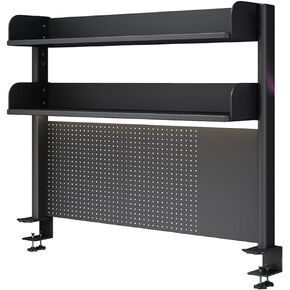 Clamp on Desk Organizer Shelf with Pegboard, White Desktop Bookshelf Storage Shelves for Home Office Dorm Gaming Desk, Space Saving Tabletop Display Rack Organization, 31.5x37.5in