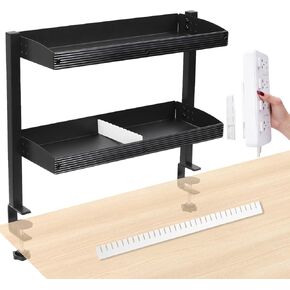 Clamp on Desk Shelf Organizer, 2-Tier Above or Under Desk Clamping Storage on Shelves, Clip on Table Shelf with Socket Fixer & White Drawer Dividers for Home Office, PC Desk Accessories