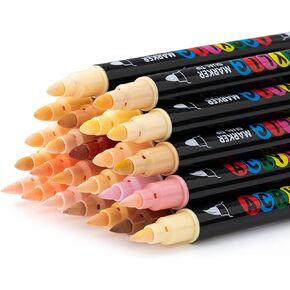 24 Skin Tones Colors Acrylic Paint Pens, Dual Tip Art Markers with Brush & Fine Tip for Rock Painting, Wood, DIY Crafts Making Art Supplies