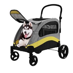XL Extra Large Dog Stroller, All-Terrain 4 Wheel for 2 Medium Dogs, One-Click Foldable, Adjustable Handles, Dual Entry Safety Dog Stroller, Capacity 88lbs (Gray-Yellow)