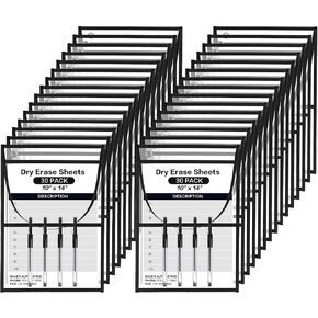 30 Pack Dry Erase Pocket Sleeves, Hanging Job Ticket Holders 10 x 14 Inch with Dual Pockets Work Plastic Sleeves Repair Order Reusable Dry Erase Ticket Holder Sheet Protectors Both Sides Clear Black