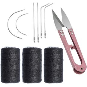Weaving Needle and Threads Set 3 Rolls Black Thread with 6 Pieces C/J/I Shaped Stainless Steel Needle and 1pc Sewing Scissors for Hand Sewing Hair Weave Extensions and Lace Wig DIY
