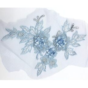 PEPPERLONELY 2PC 3D Blue Flower Embroidered Lace Appliques Handmade Wedding Dress Decoration DIY Sewing Craft, 19 x 15cm