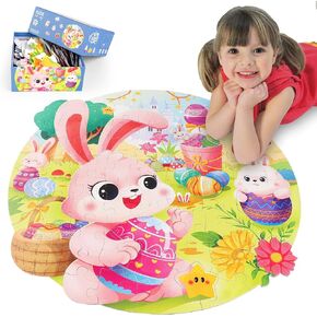 Puzzles for Kids Ages 3-8, 79 Pieces Kids Floor Easter Large Round Paper Puzzles for Kids 3 4 5 6 7 8 Years Old, Bunny Puzzles Learning Toys Birthday Easter Gifts for Toddlers Girls Boys
