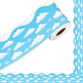 Whaline 65.6ft Sky Sky Clouds Board Border Blue Sky White Clouds Scalloped Trim Trim DIY Craft Border Decor