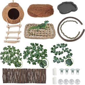 10 Pack Bearded Dragon Tank Accessories,Amphibian Hideouts Set,Included Reptile Vines Fake Plants Bridge Hammock,Coconut Hut Ladder Bridge for Lizard Chameleon Tortoise Snake Hermit Crab