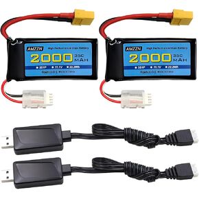 3S Lipo Battery 11.1V 2000mAh 35C with XT60 Plug for RC Cars, Trucks, Remote-Controlled Ships, RC Drones, Quadcopters, FPV UAV Batteries (2PCS Battery+2 USB)