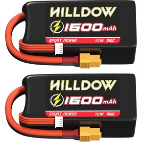 Hilldow 11.1V 3S Lipo Battery 100C 1600mAh RC Battery Softcase with XT60 Connector for RC Car RC Boat RC Airplane Helicopter Drone FPV(2packs)