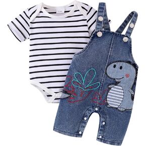 Baby Boy Clothes Newborn Striped Romper Summer Outfits + Infant Cartoon Animals Jeans Suspender Overalls 0-18 Months
