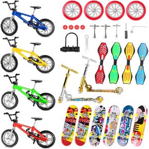 Hxezoc 31 Pcs Mini Finger Toys Set with 4 Pcs Bikes 6 Pcs Skateboards 2 Pcs Scooters 4 Pcs Energizer Boards and Other Accessories Fingertips Model Toys for Boys Kids Decoration Supplies