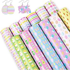 Whaline Easter Faux Leather Sheet 8 x 12" Spring Synthetic Leather Colorful Rabbit Bunny Eggs Butterflies Fabric Craft Leather for Earring Hair Bow Craft Making Holiday DIY Gifts Decor, 12pcs