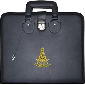 Masonic Past Master Apron Case – Machine Embroidered (Black Leather), MM Provincial Size | Freemason Carrying Bags in Kuwait