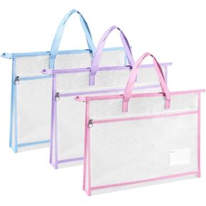 Art Portfolio Bag,3 PCS Transparent Nylon Mesh A3 Project Bag with Zipper and Handle for Quilting Craft Storage Artworks Charts Teaching Material Multipurpose