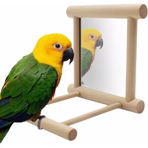 Bird Mirror with Perch Stand, Wooden Parrot Toy Interactive Swing Hanging Play for Parakeet Budgies Cockatiel Conure Finch Lovebird African Grey Amazon Cockatoo
