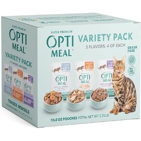Optimeal Wet Cat Food Variety Pack, Grain Free, Tender Morsels, Chicken, Shrimp, Beef Mix Adult Wet Cat Food Pouches - 12 Pack (3oz Each)