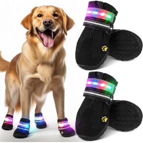 Coume 4 Pieces LED Dog Shoes for Large Medium Dog Light up Anti-Slip Dog Boots Paw Protectors for Night Walking for Winter Snowy and Summer Hot Pavement Walking Hiking Sole Black, 2.99 x 2.6 Inches
