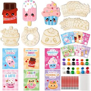 CJiangpo 24 Pack Valentine’s Day Dessert Wood Painting Craft Kits, Valentines Cards with Watercolor Paint Bulk for Boys Girls, Color Your Own Wooden Craft Kids Classroom Exchange Gift Party Favors