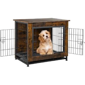 Shintenchi Dog Crate Furniture, Double-Doors Kennel Indoor with Removable Tray, End Table Dog House for Small Breed, 27.2" L, Grey