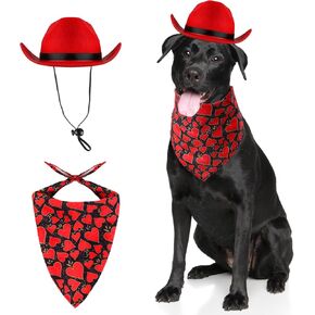 BWOGUE Large Dog Valentine's Day Costume, Red Cowboy Hat Heart Dog Valentine Bandana Pet Cowboy Costume Valentine Dog Scarf for Small Medium Large Dogs