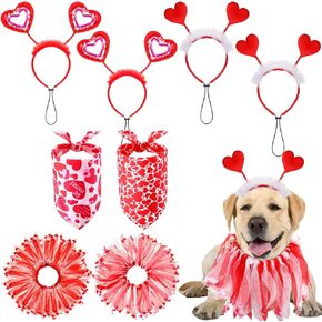 8 Pcs Valentines Day Dog Costume Set Dog Valentines Outfit Including Red Heart Headband Collar with Ribbons Pet Bandana for Small Medium Pet Holiday Birthday Wedding Party