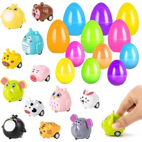 LovesTown 12 PCS Easter Eggs with Toys Inside, Easter Stuffed Eggs with Animal Pullback Toy Cars Surprise Eggs Easter Theme Party Favor for Easter Eggs Hunt Game Easter Basket Stuffer