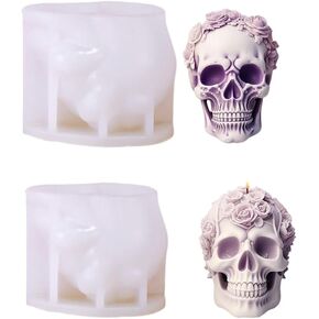 3D Skull Candle Mold,Rose Flower Skull Candle Molds Aromatherapy Candle,Skeleton Skull Epoxy Resin Mold for DIY Candle Making,Home Decor,2pcs