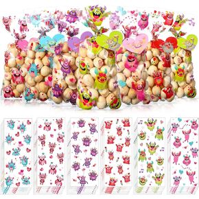 Funrous 180 Pieces Valentine Cellophane Bags Bulk, Valentine's Day Plastic Cello Candy Goodie Bags with Heart Tag Twist Ties for Kids Party Favor Gift Warp