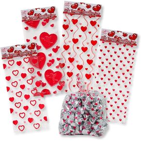 Gift Boutique Valentine Cellophane Bags 100 Pack with Twist Ties Valentines Favor Treat Gift Goodie Cello Bags for Party Candy Cookies, 4 Assorted Styles