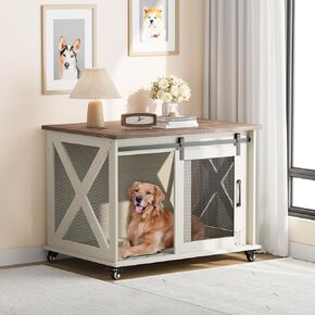 IDEALHOUSE 37'' Dog Crate Furniture Side End Table with Flip Top and Movable Divider, Wooden Dog Crate Table Large, Style Dog Kennel Side End Table, White