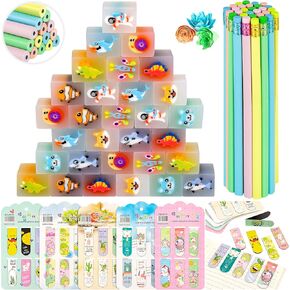 90-Piece Set - Cute Erasers for Kids, Cute Bookmarks for Kids & Triangular Pencils – Perfect for Classroom Prizes, Party Favors, and Classroom Gifts