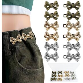 6sets Adjustable Pant Waist Tightener - No Sewing Bow Waist Pin Button, Detachable Alloy Bowknot Jean Adjuster Waist Tightener, for Pants Skirt Waist Too Loose（Gold, Silver, Copper）