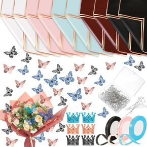Qilery 243 Pcs Flower Bouquet Wrapping Paper Waterproof Floral Wrapping Paper Florist Supplies with Butterfly Decoration Crowns Ribbons Bouquet Pin Glue for DIY Craft (Elegant Color)