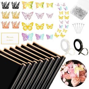 Needbrock 40 Sheets Black Flower Bouquet Wrapping Paper, Flower Wrapping Paper Florist Supplies with 48Pcs 3D Butterfly Decor Ribbons Pins Cards for Mother's Day Wedding Birthday DIY Craft