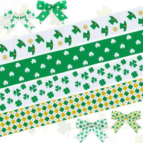 4 Rolls St. Patrick's Day Ribbons for Wrapping Gifts, Irish Day Shamrocks Ribbons for Decoration DIY Crafts, 1" X 5 Yards Spring Lucky Clover Check Ribbon