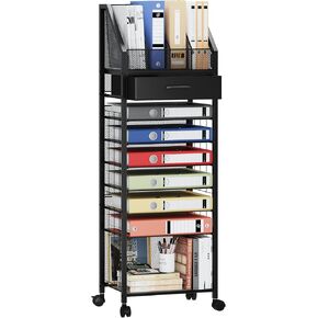 SWTYMIKI 9-Tier Rolling File Cart - Paper Organizer with Drawer and Trays, Wood Desk Office Organizer, Office Organization and Binder Storage for Workspace, Home, School, Espresso