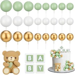 29 Pcs Ball Cake Topper Bear Cake Topper Baby Shower Cake Decorations with Cute Bear Blue BABY Letter Blue Gold White Foam Balloon for Baby Shower Cake Topper Girl Boy(Green)