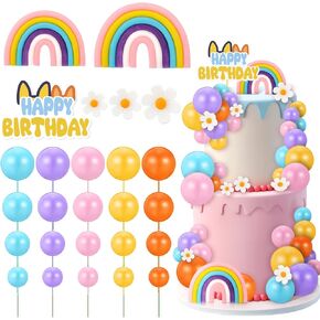 63 PCS Cake Toppers مع كرات Daisy Rainbow Cake Topper و Blue Cake Topper Pastel Cupcake Topcake Toppers Decorations for Birthday Wedding Groovy Party Supplies