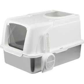 صندوق القمامة القطط من الفولاذ المقاوم للصدأ ، صندوق فضلات القط الكبير المرفق ، يشمل أعلى مقربة من القطط الأمامية ومغرفة القمامة القطط ، نظيفة سهلة ، لا رائحة - مناسبة للقطط المتعددة أو القطط المتوسطة/الكبيرة （بيضاء） in Kuwait